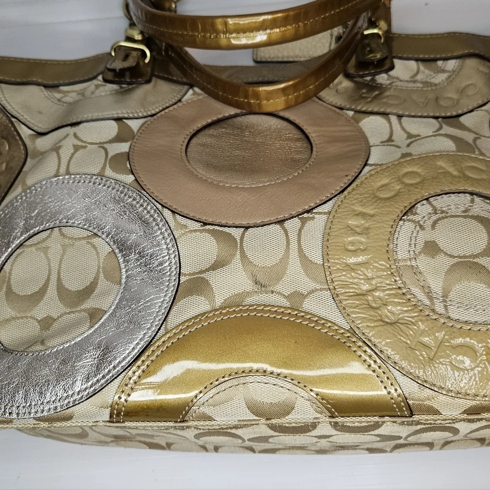 Coach Carly F16180 Vintage Tote – Y2K Metallic Patchwork Logo Canvas Purse, Gold